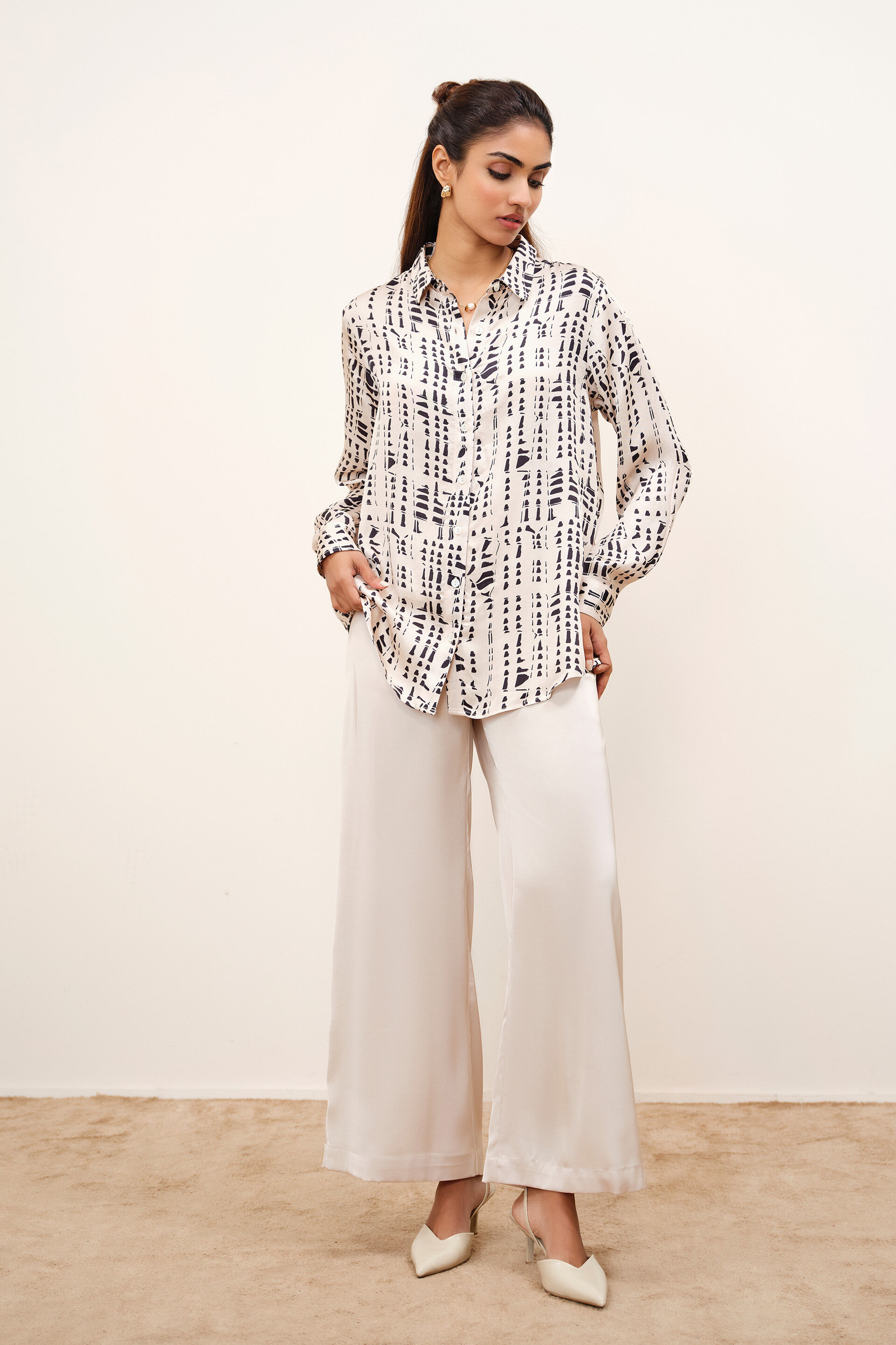 Printed Beige Modal Satin Shirt, Beige, image 5